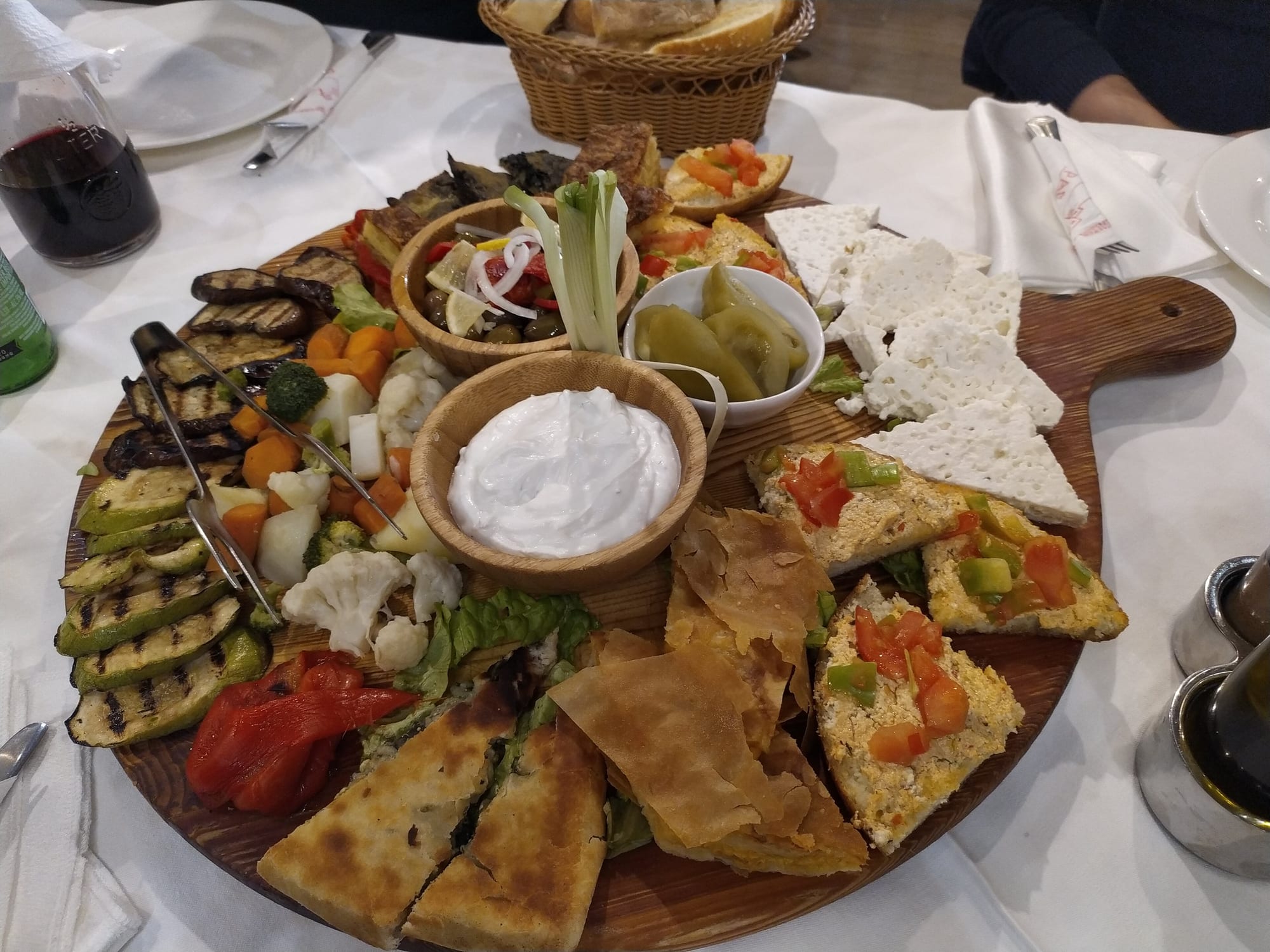A plate of traditional Albanian dishes served at a restaurant in Krujë, Albania